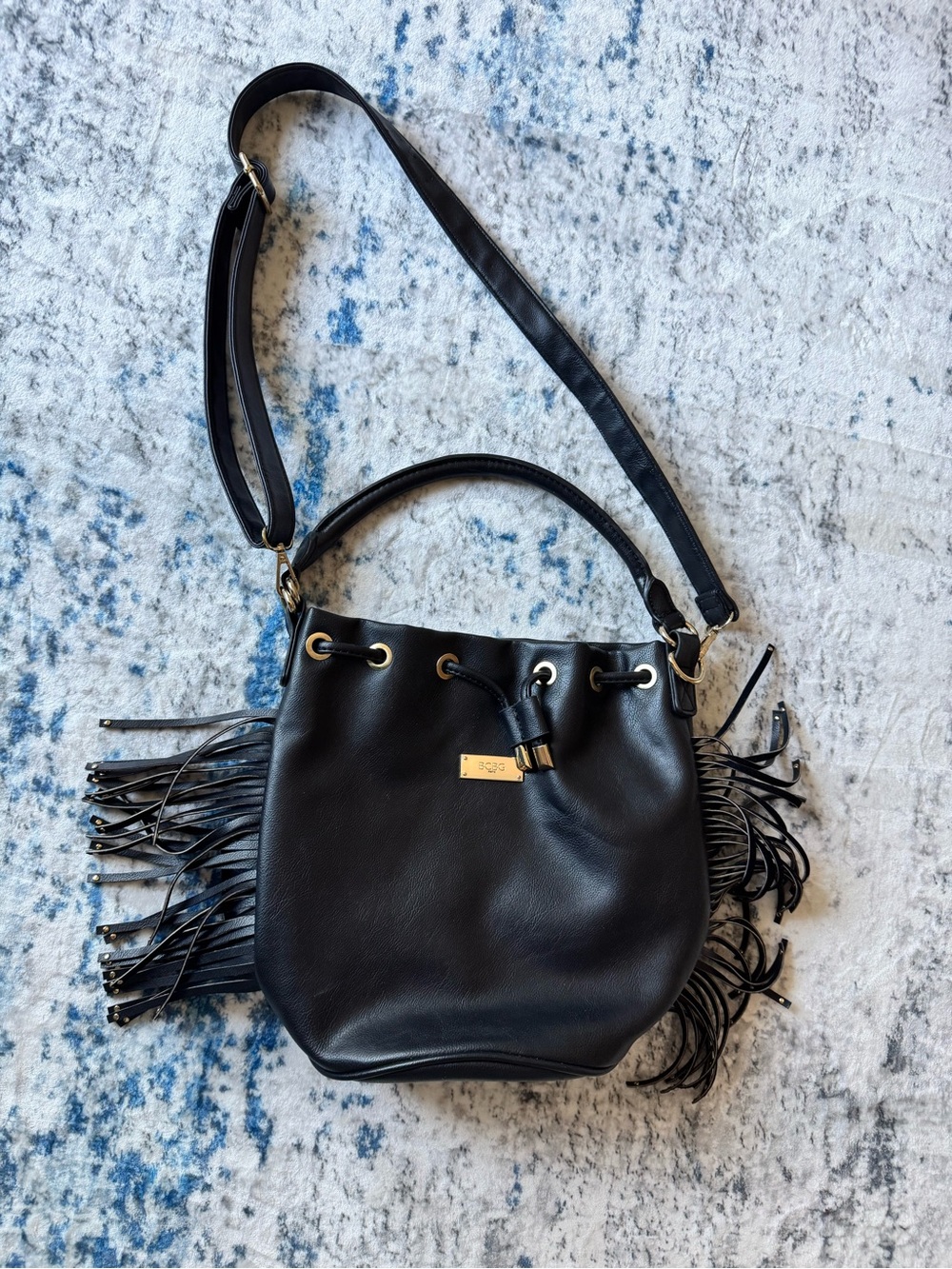 BCBG Paris - Black Tassel Accent Bucket Purse With Shoulder Strap